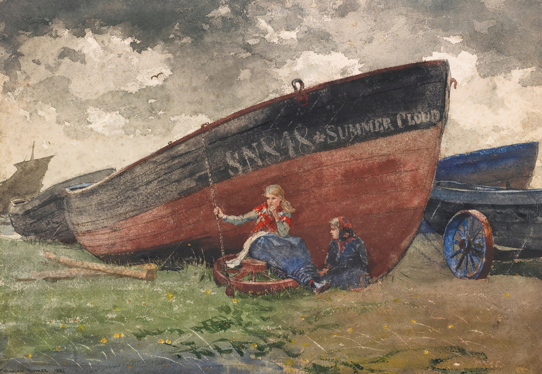 Landscape with cumulus cloud in blue and white by Winslow Homer, oil painting from 1881.