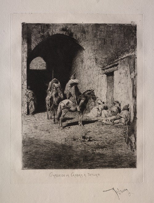 A captivating scene depicting a guard in the Casbah of Tétouan.