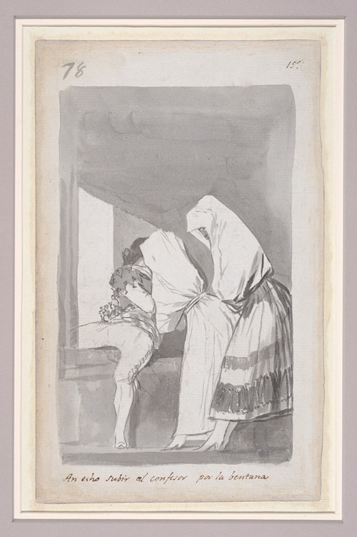 Goya's painting depicts two women assisting a confessor through a window.