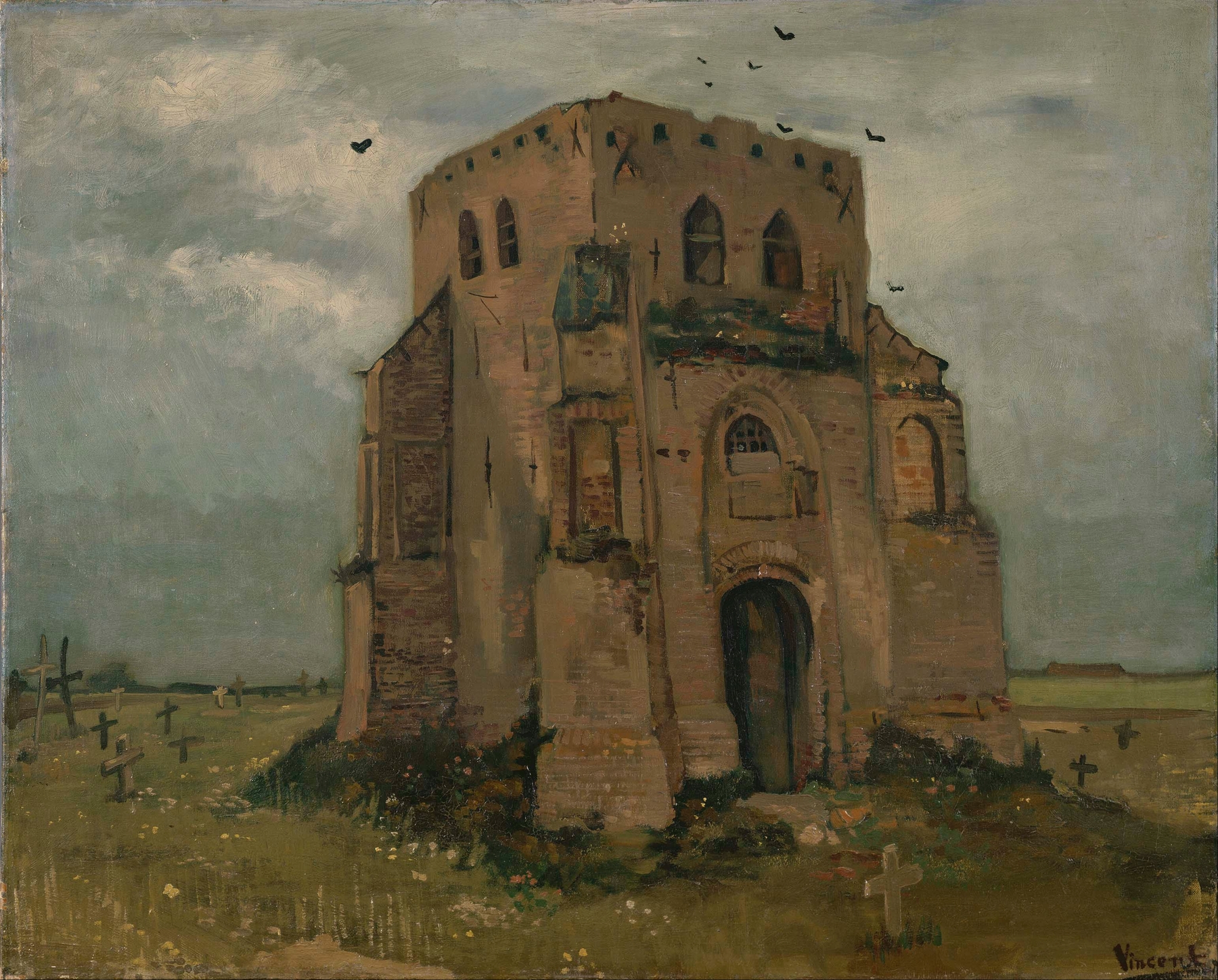 The old church tower at Nuenen (`The peasants’ churchyard’), by Vincent van Gogh, public domain