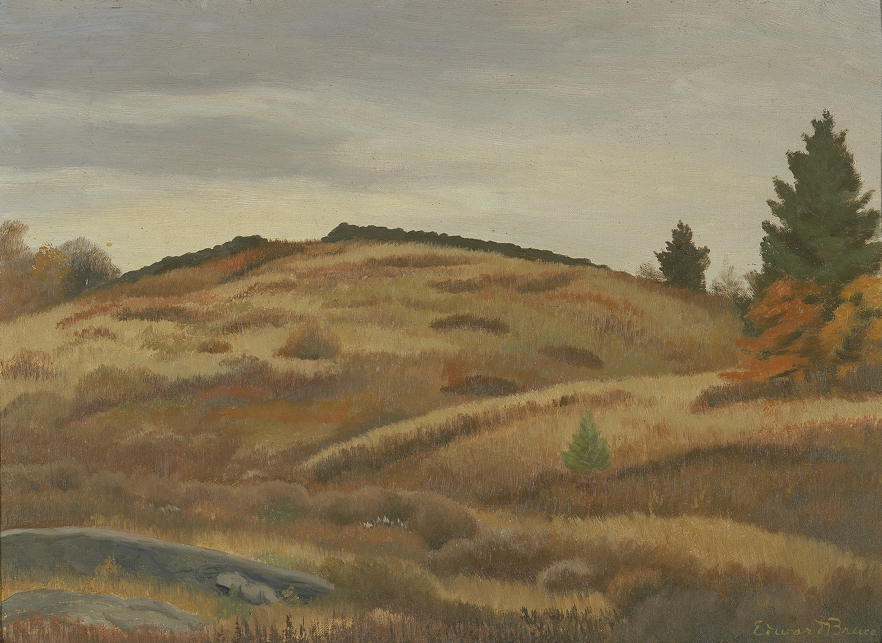 Autumn Fields by Edward Bruce, oil on canvas depicting warm colors and undulating fields.