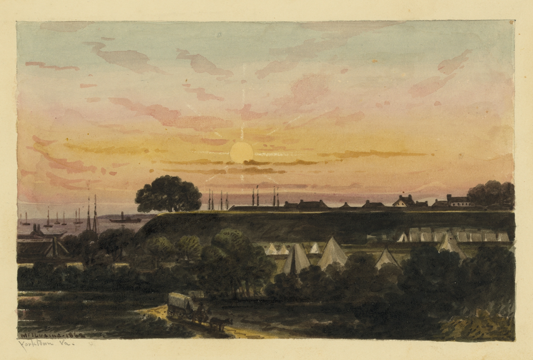 Yorktown, Va. by William McIlvaine, oil on canvas depicting tranquil waters and golden light