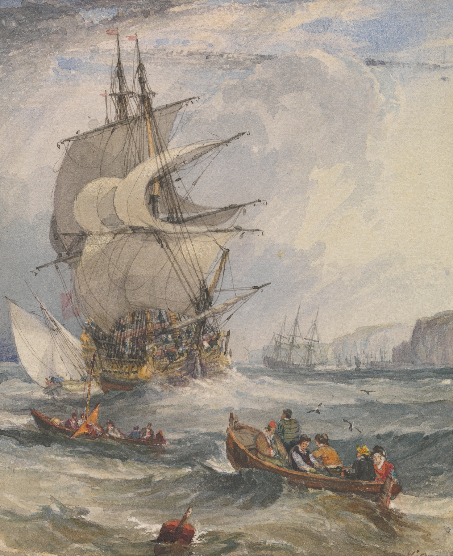 Oil on canvas by Samuel Owen depicting ships and small boats in a stormy sea.