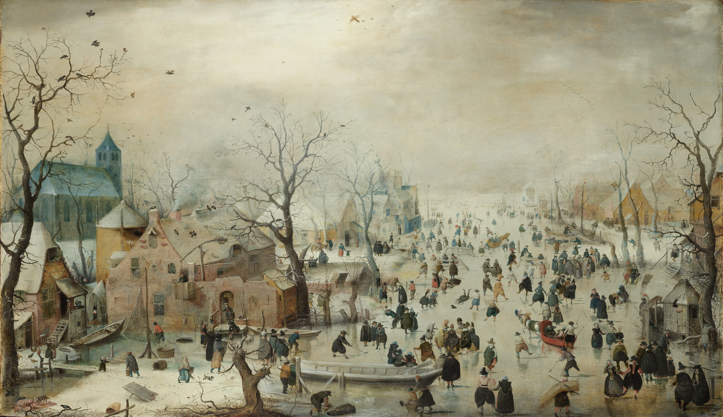 Winter Landscape with Ice Skaters, by Hendrick Avercamp, public domain