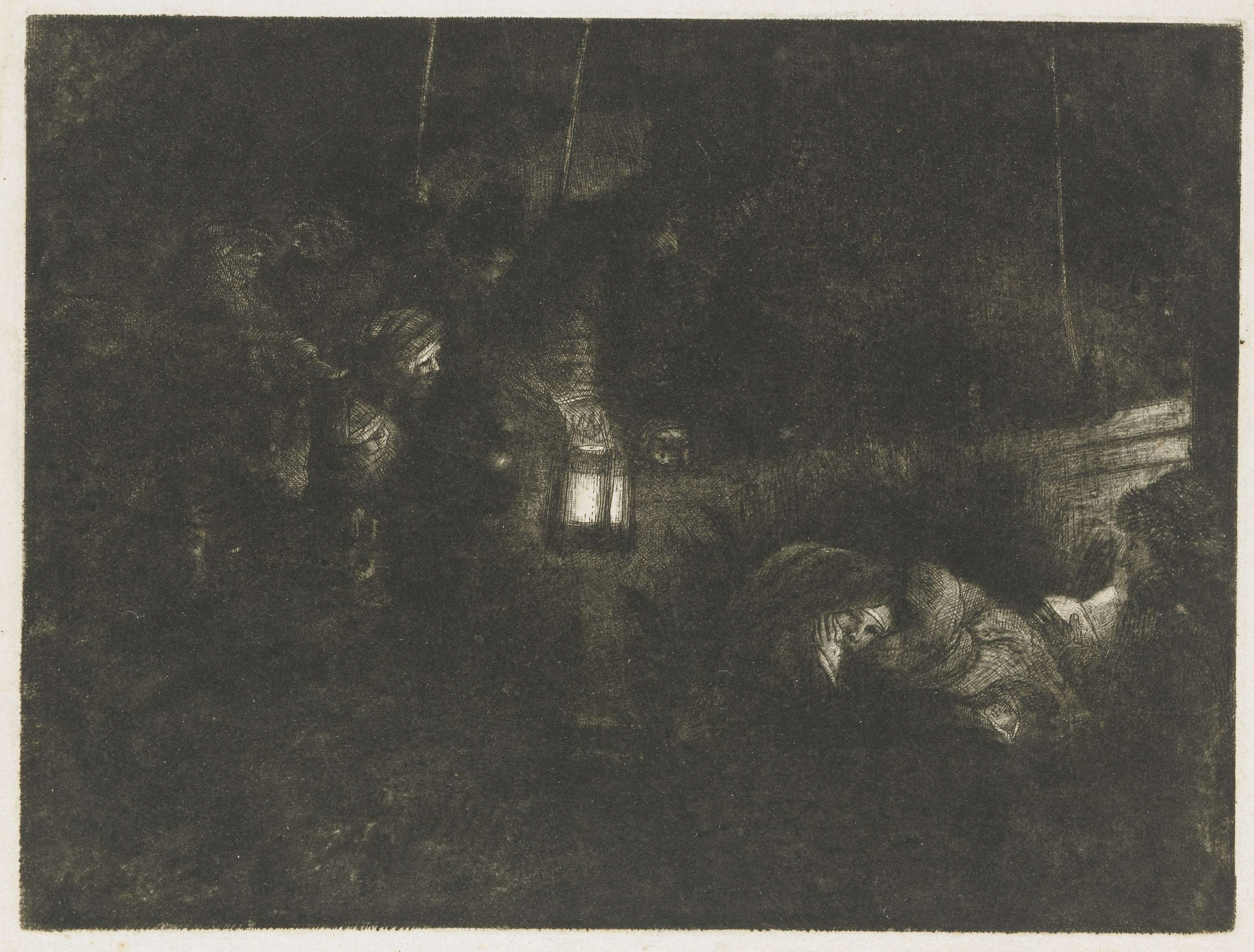 Etching by Rembrandt van Rijn depicting shepherds around an infant in a stable illuminated by candlelight.