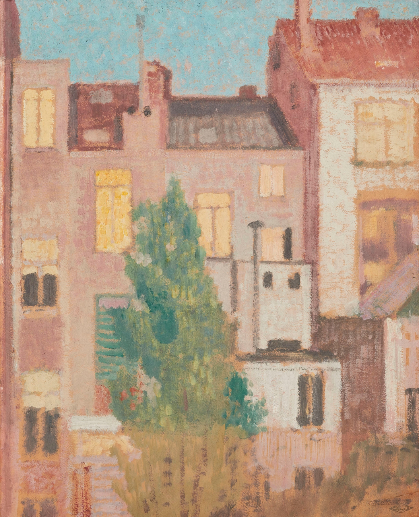 Houses by Georges Lemmen, Post-Impressionism, depicting colorful houses with light effects.