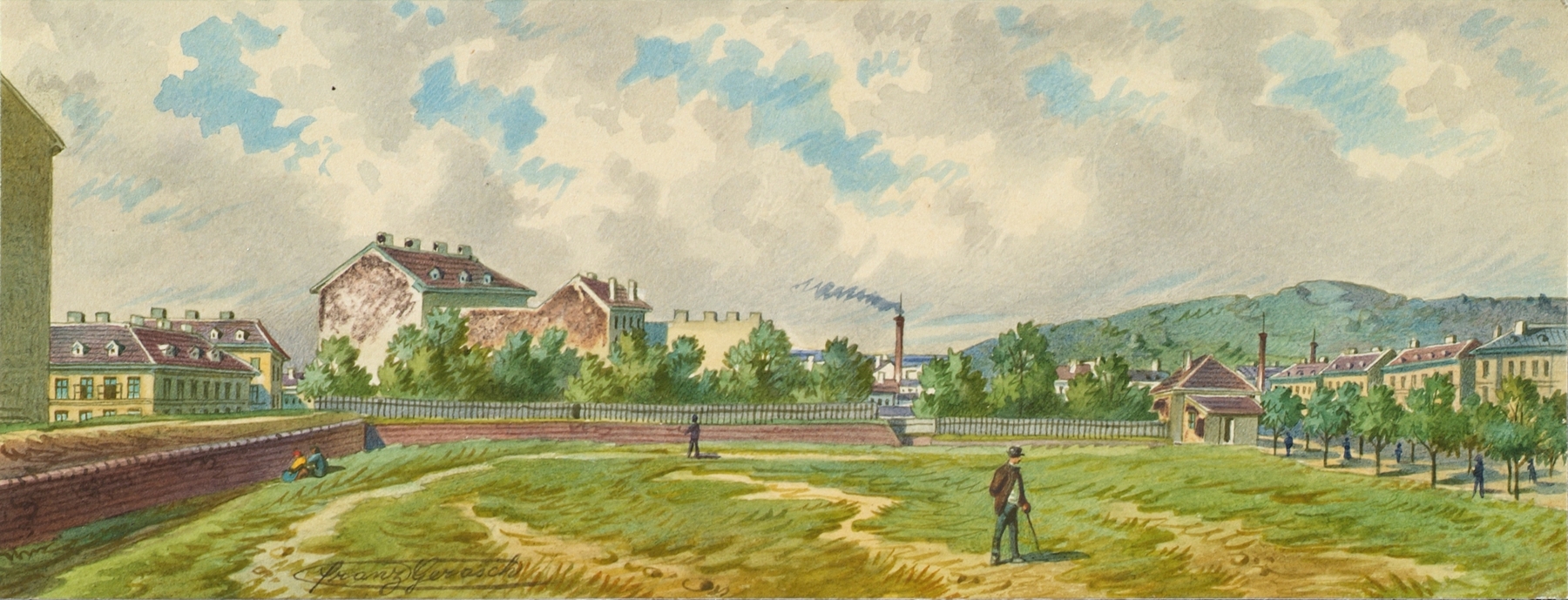 Der Währinger Gürtel in Wien by Franz Gerasch, oil on canvas, depicting a cobblestone street with shadows.