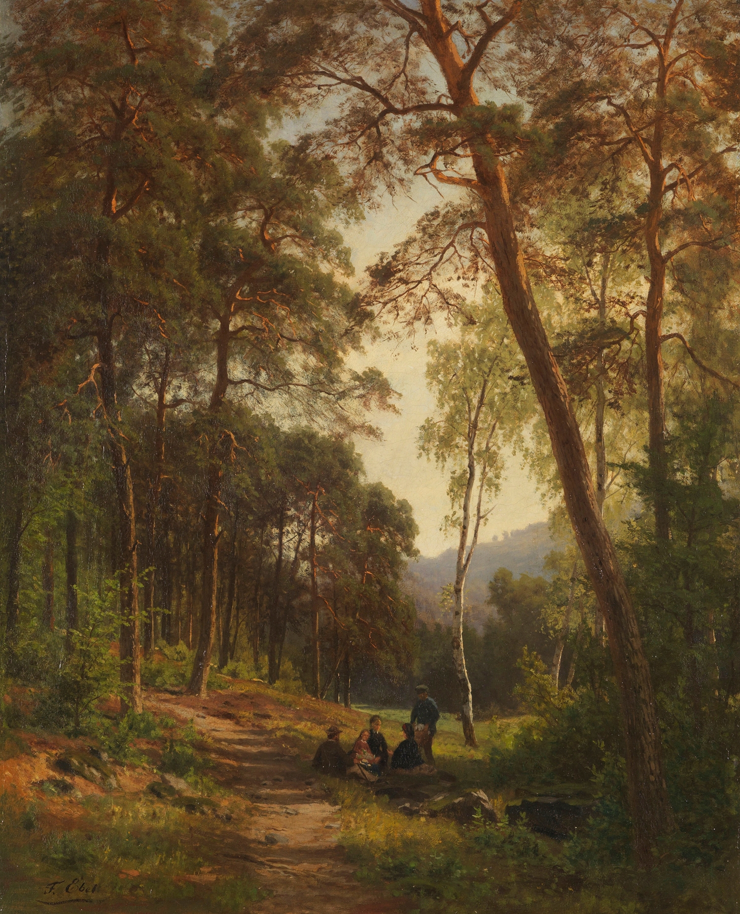 Genre scene depicting a picnic in a forest by Fritz Ebel, oil painting