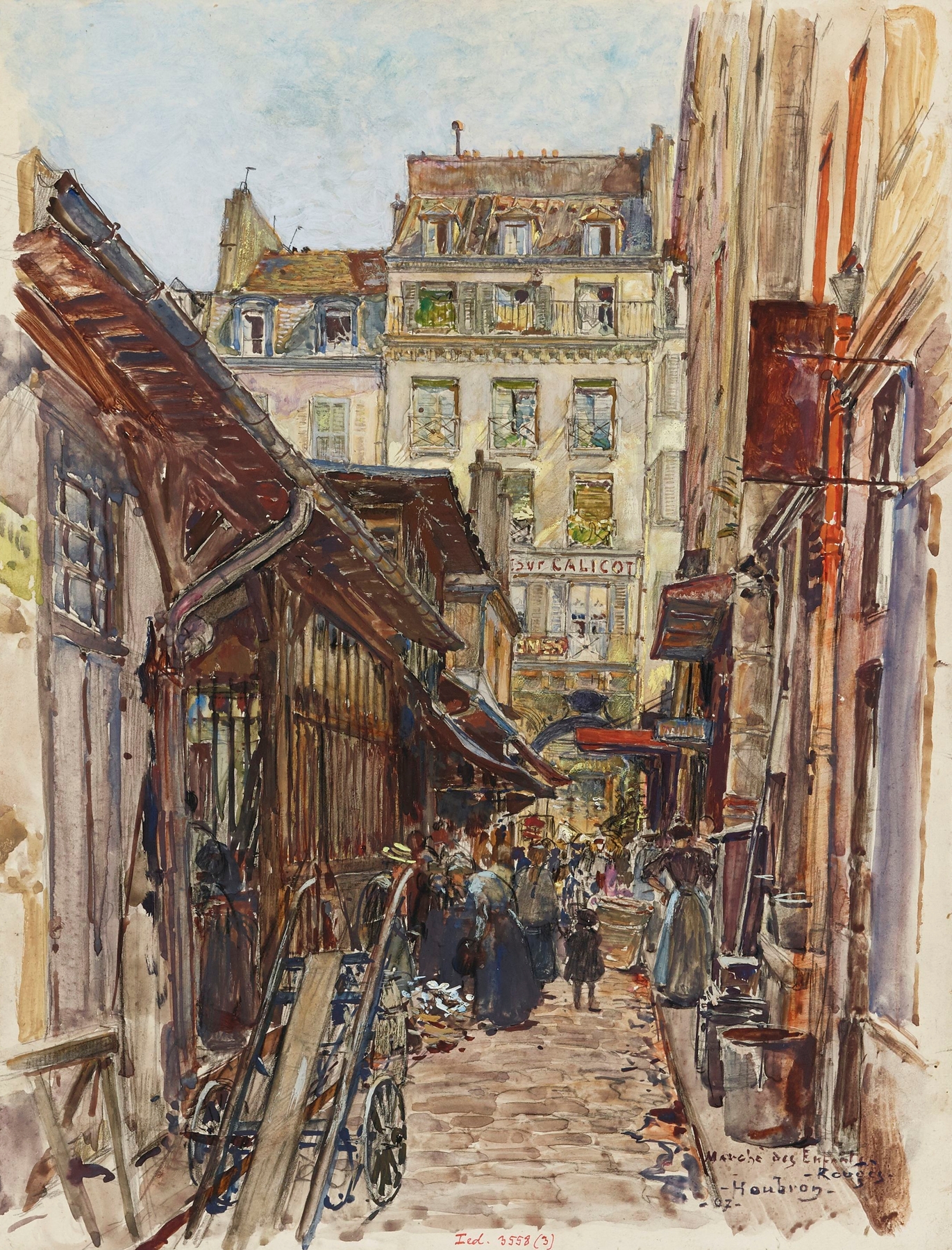 Oil painting by Frédéric Houbron depicting a lively market scene in Paris.