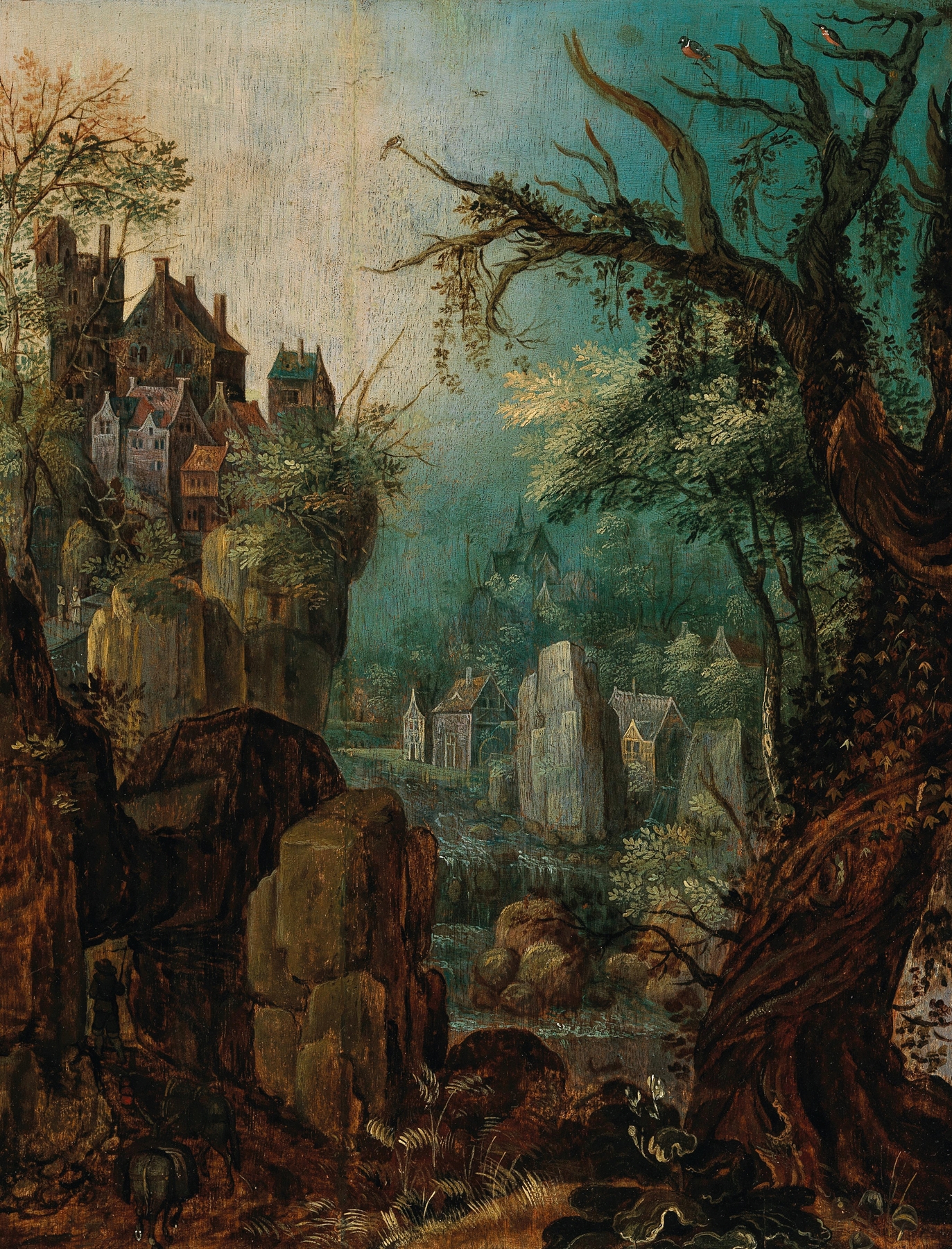 A mountainous river landscape with a peasant leading two donkeys, oil painting by Roelant Savery.
