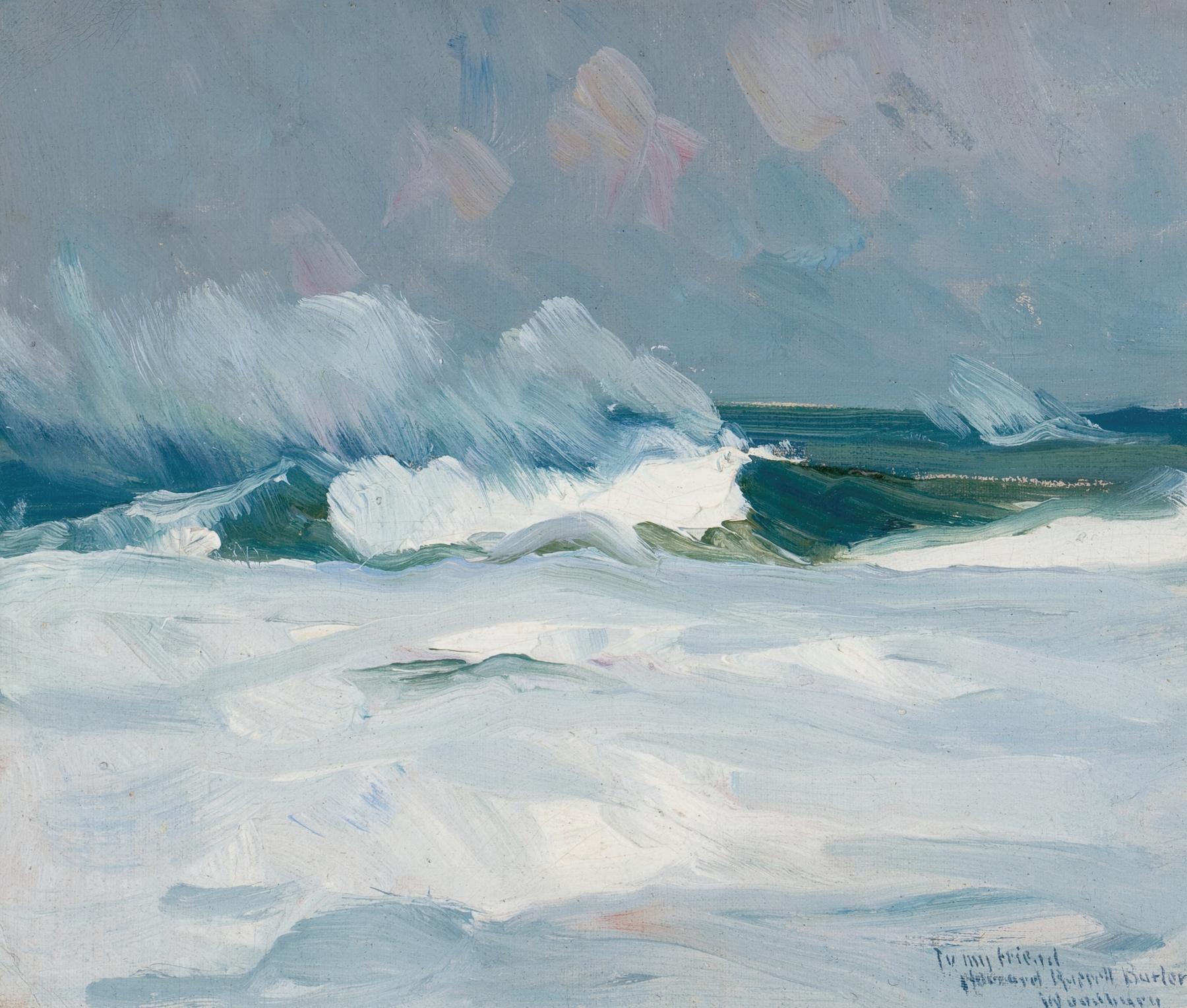 Oil painting by Charles Herbert Woodbury depicting gentle waves and a serene shoreline.