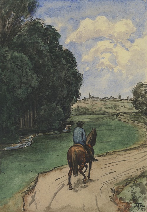 A rider on a path near the edge of a forest, surrounded by lush greenery.