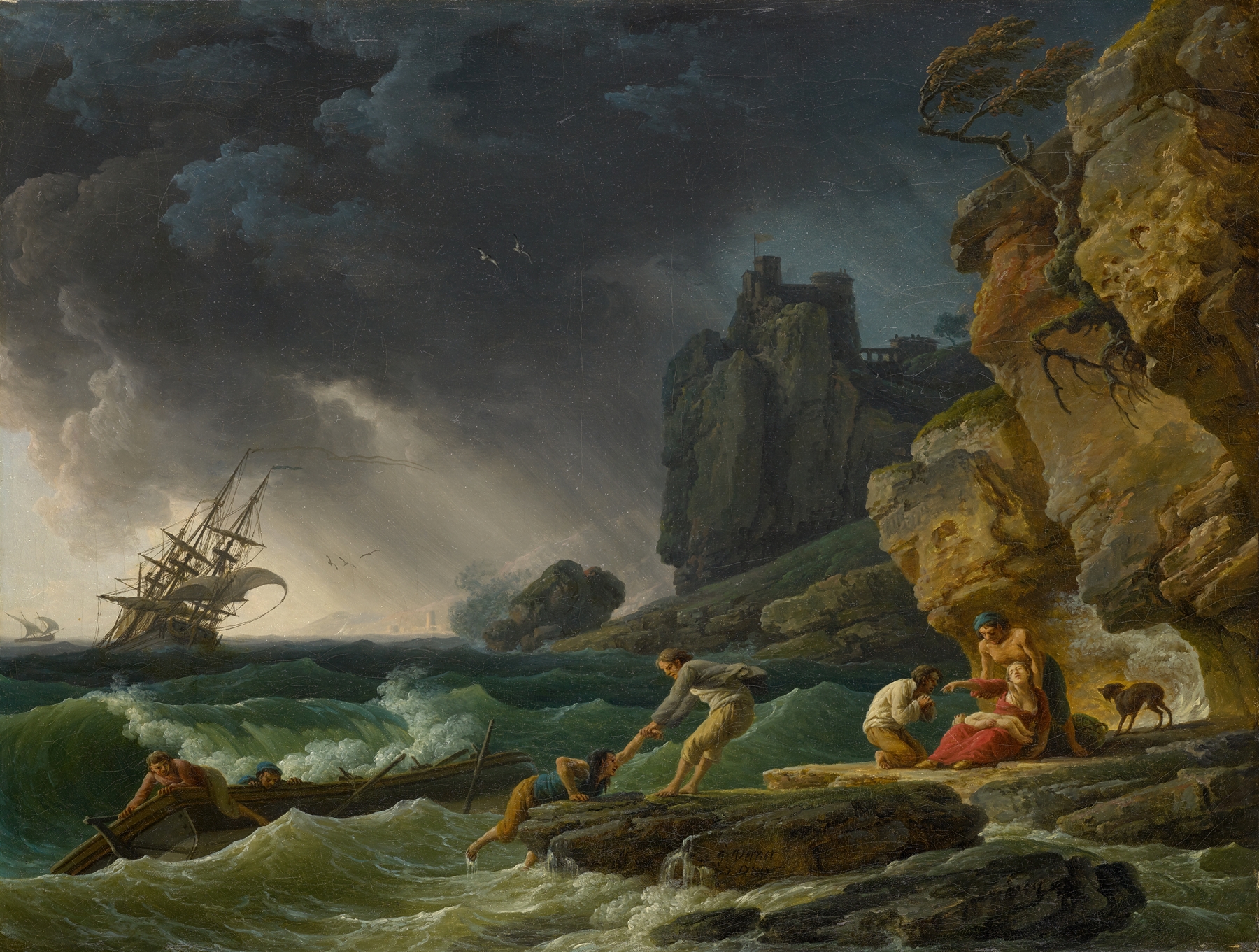 Stormy seas with castaways, by Claude-Joseph Vernet, public domain