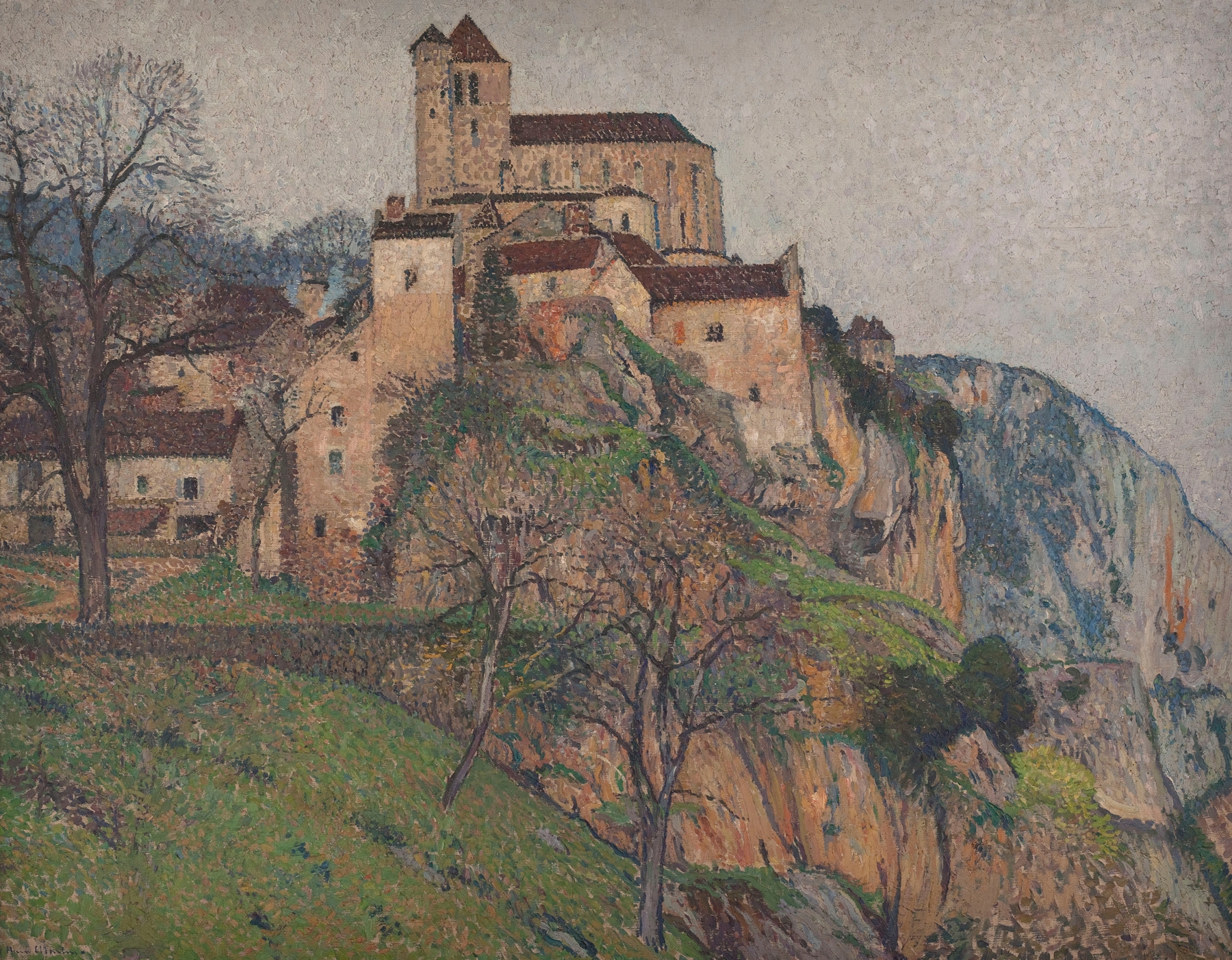 Landscape of Saint-Cirq-Lapopie by Henri Martin, oil on canvas, featuring a village by a river.