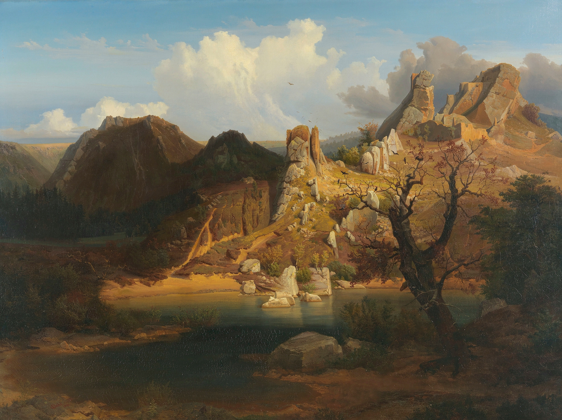 Landscape with rugged cliffs and mountain lake, oil on canvas by Carl Dahl
