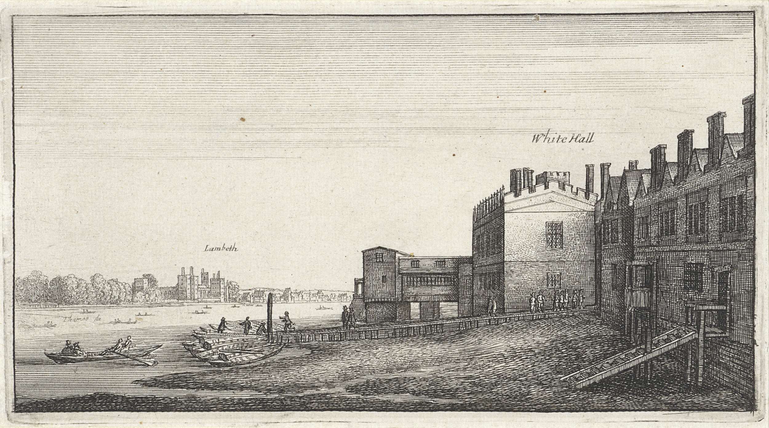 Gezicht op Lambeth gezien over de Theems vanuit Whitehall Stairs, etching by Wenceslaus Hollar