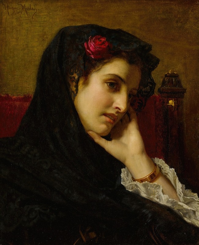 A young Spanish woman in traditional dress, gazing softly at the viewer with a floral background.