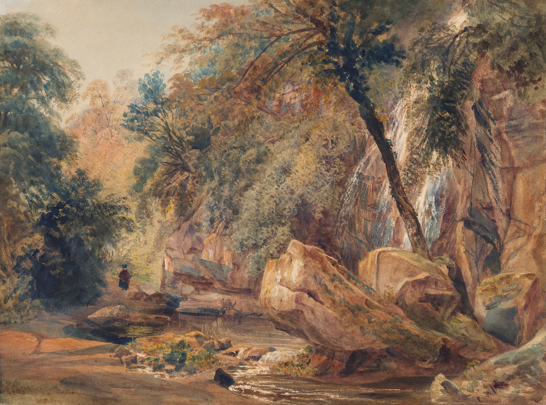 Waterfall in the Dingle at Badger Hall, oil painting by Peter De Wint