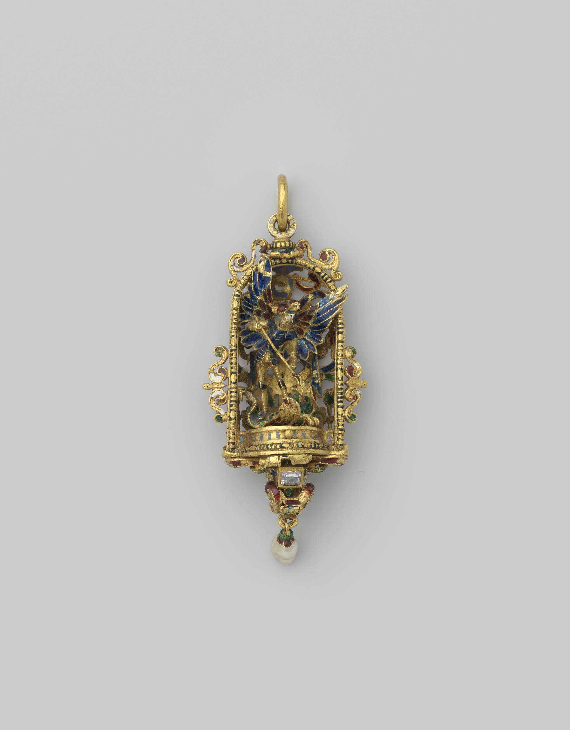 Metal pendant by Unknown Artist depicting Saint Michael and the dragon.