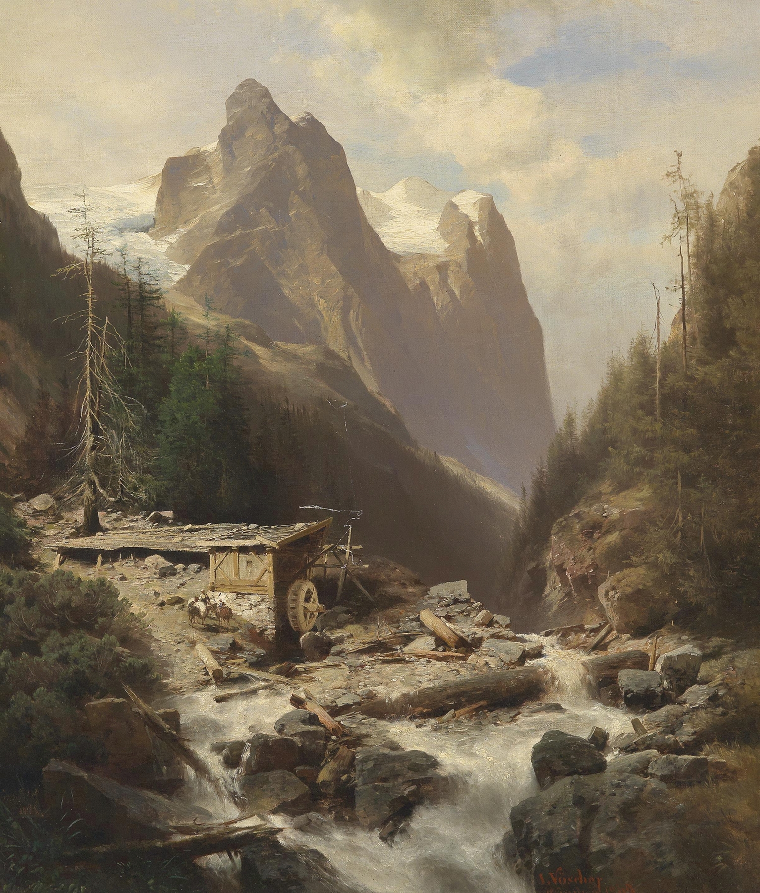 Landscape featuring mountains and light by Leopold Heinrich Vöscher, oil painting