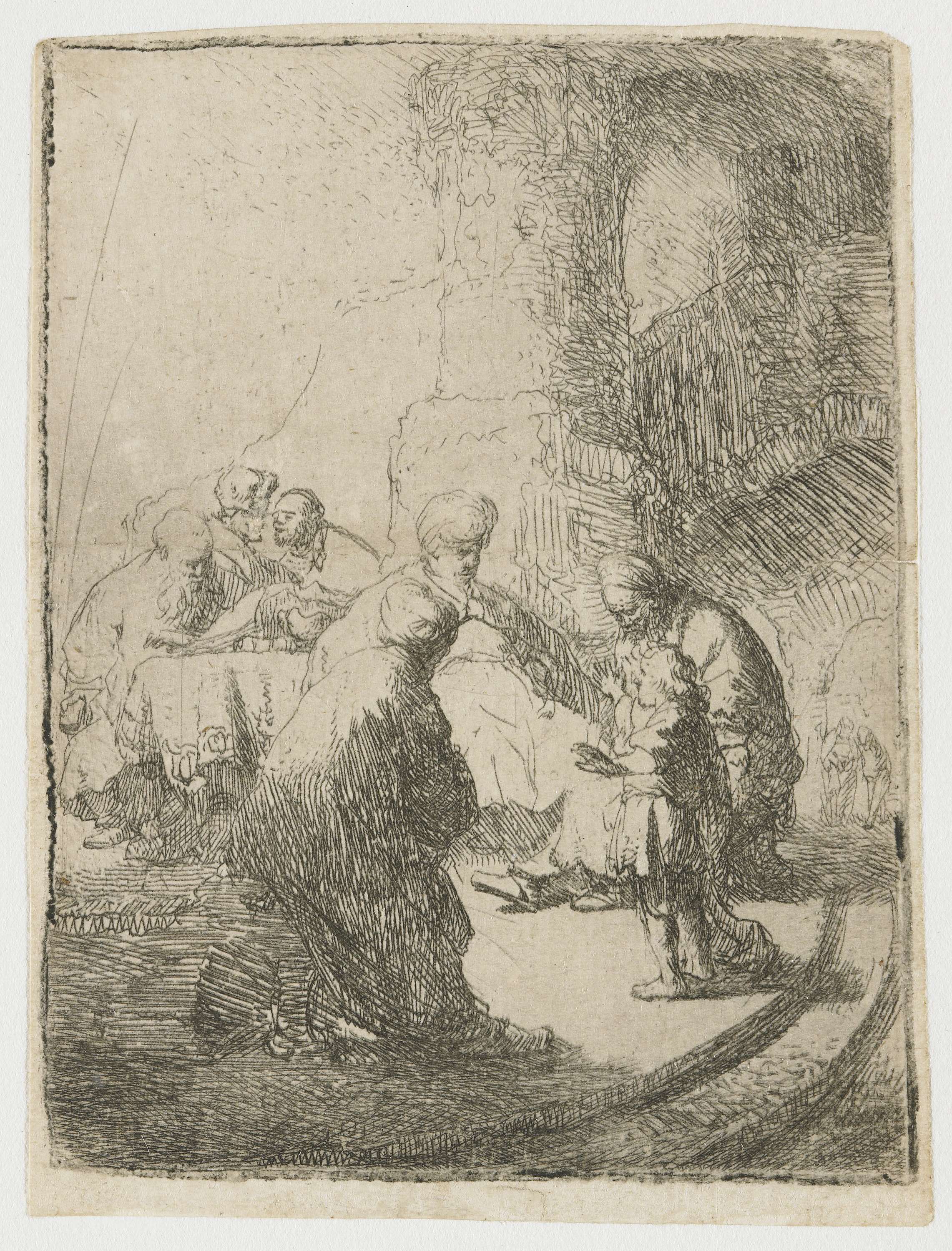 Etching by Rembrandt van Rijn depicting Christ discussing in a temple with adults.