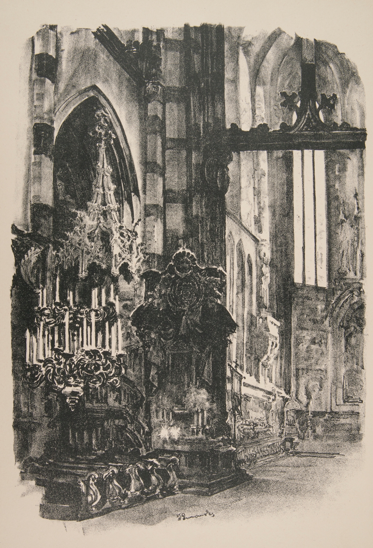 Interior of a church with stained glass, oil on canvas by Jan Kanty Gumowski