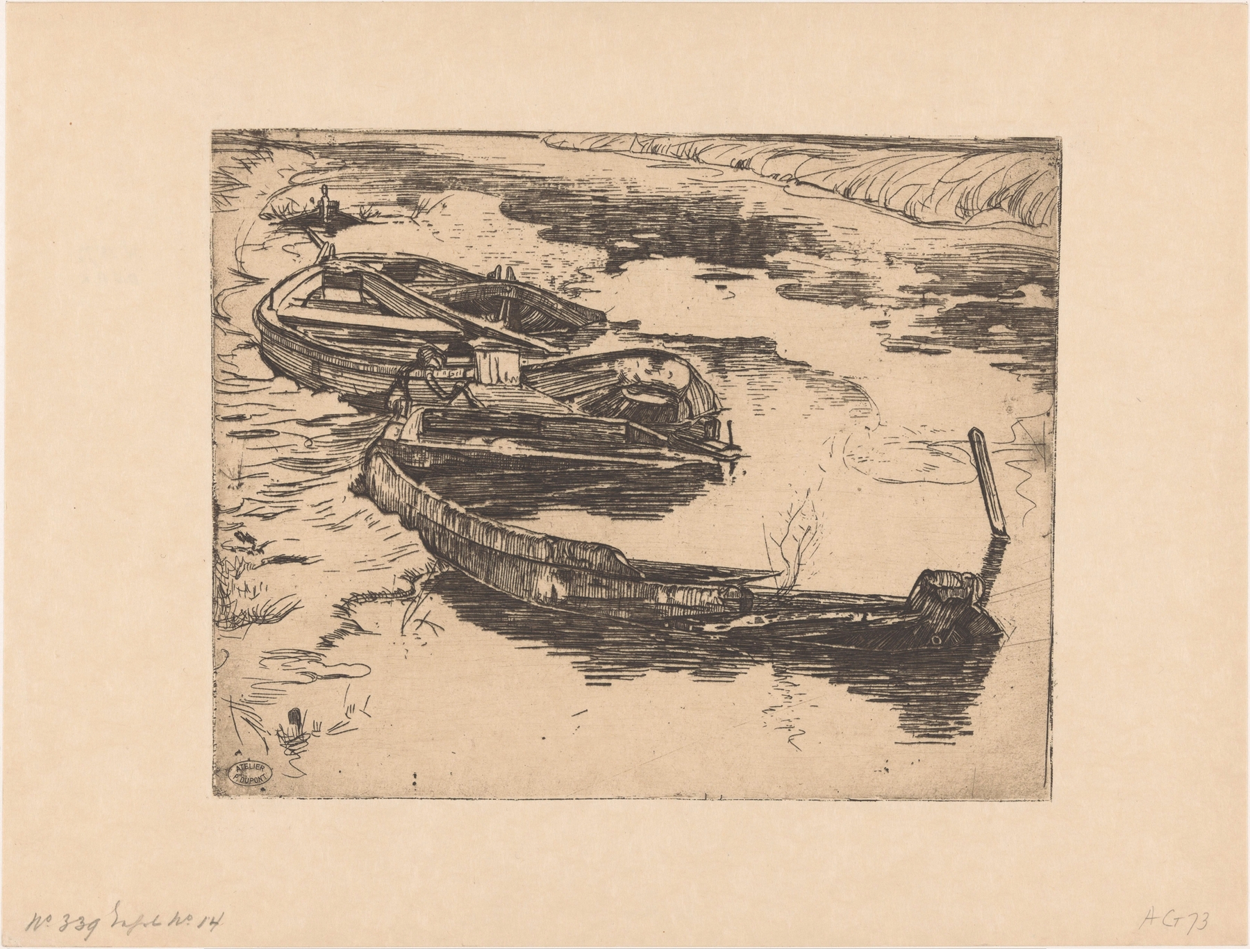 Three submerged rowing boats in a ditch, oil painting by Pieter Dupont