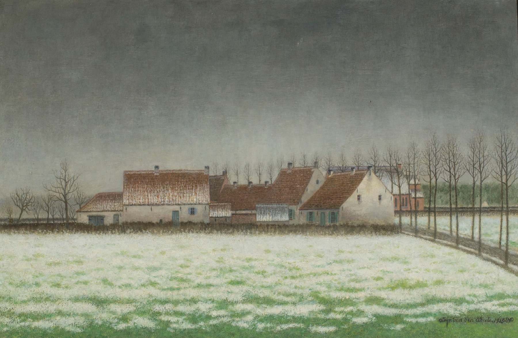 Landscape oil painting by Albijn Van den Abeele depicting melting snow and soft hues.