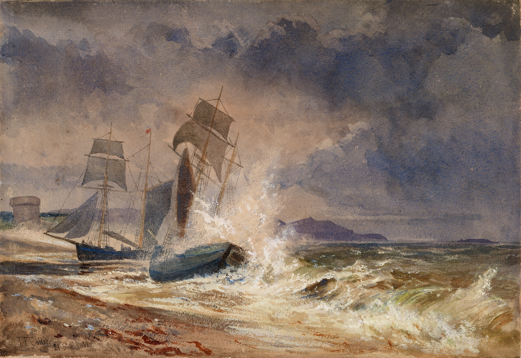 Oil painting by Thomas Frederick Collier depicting vessels battling a storm at a harbour.