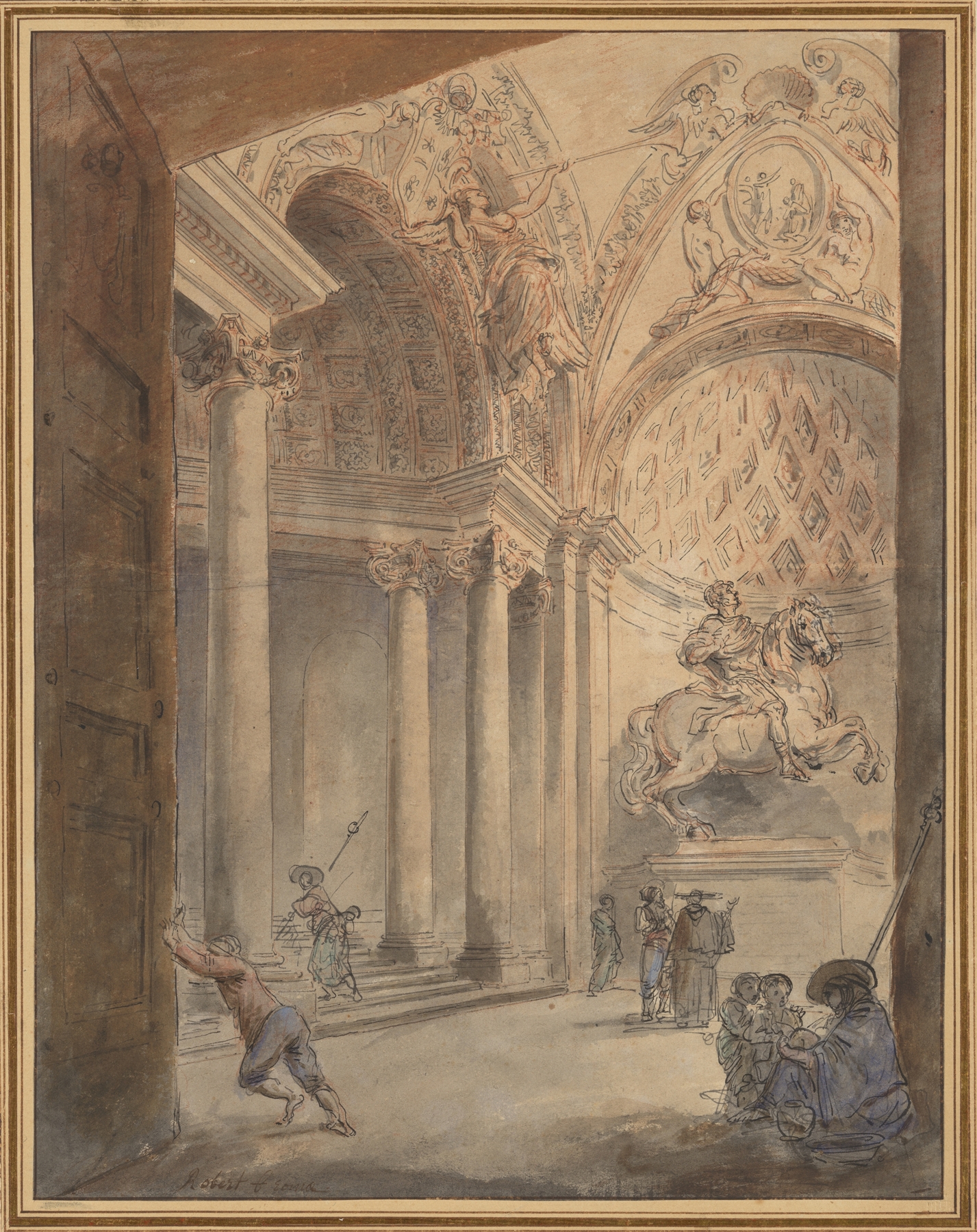 Interior of Saint Peter’s by Hubert Robert, Rococo, featuring columns and soft light