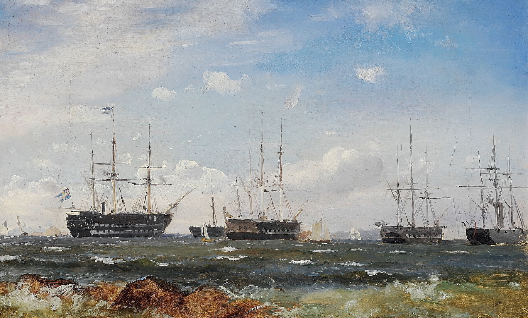 Marine scene with ships at sea, oil on canvas by Carl Frederik Sørensen