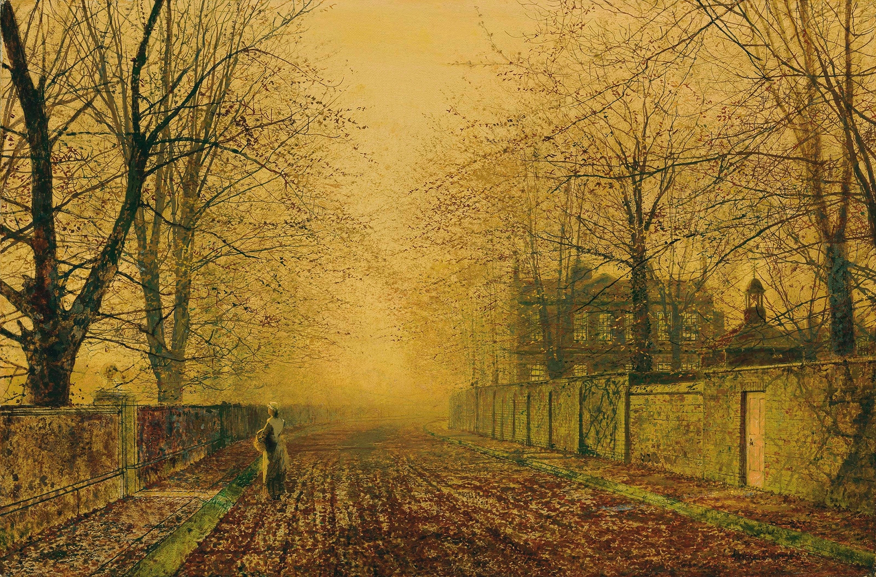 Under The Beeches, oil on canvas by John Atkinson Grimshaw, depicting twilight through beech trees.