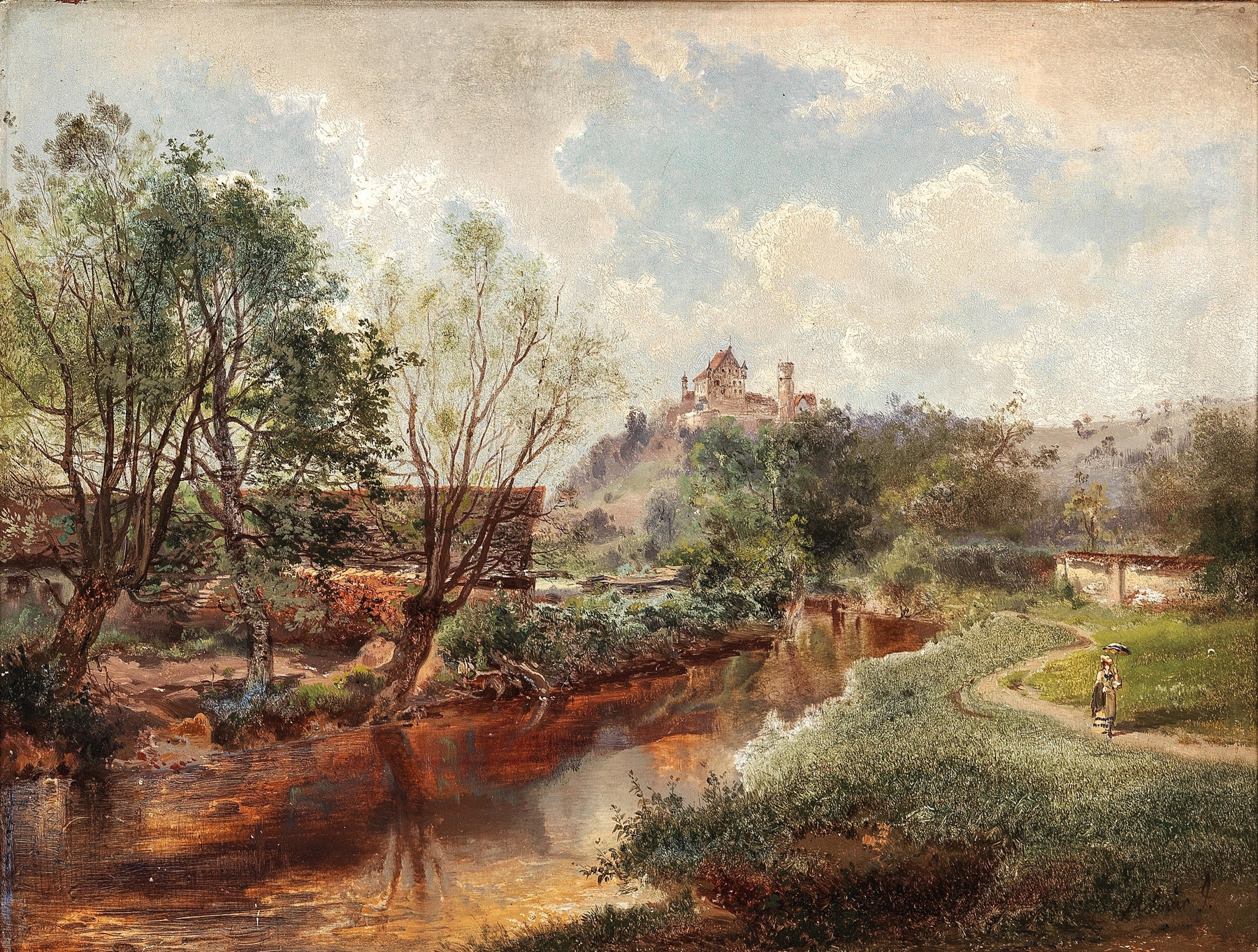 A Summer Day by the River, oil on canvas by Jozsef von Molnar, depicting a serene river landscape.