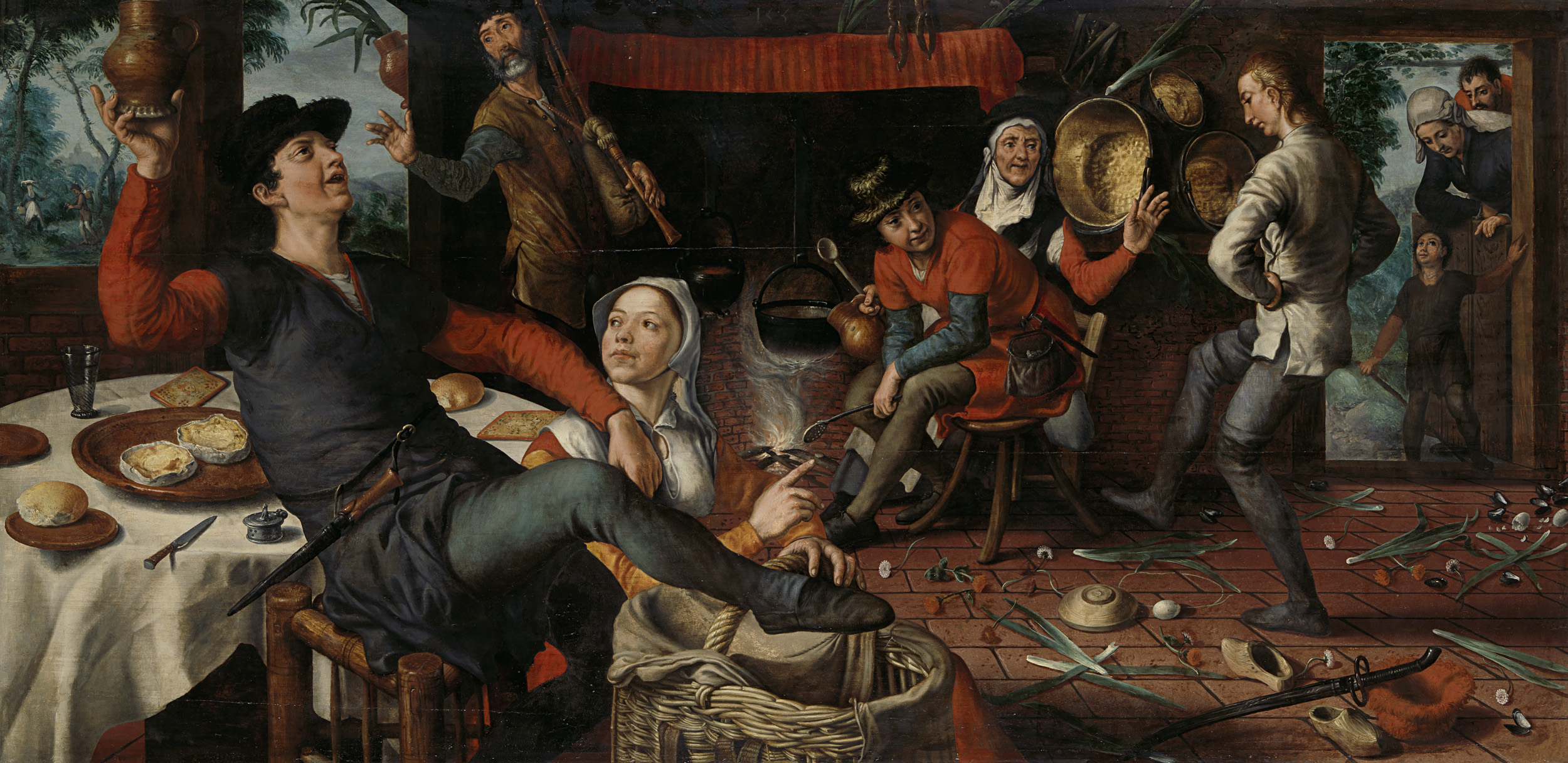 The Egg Dance by Pieter Aertsen, oil on panel, depicting a young man dancing in a brothel.