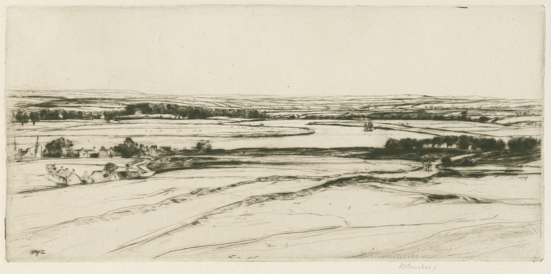 Nithsdale by David Young Cameron, etching of a tranquil river landscape with soft morning light.