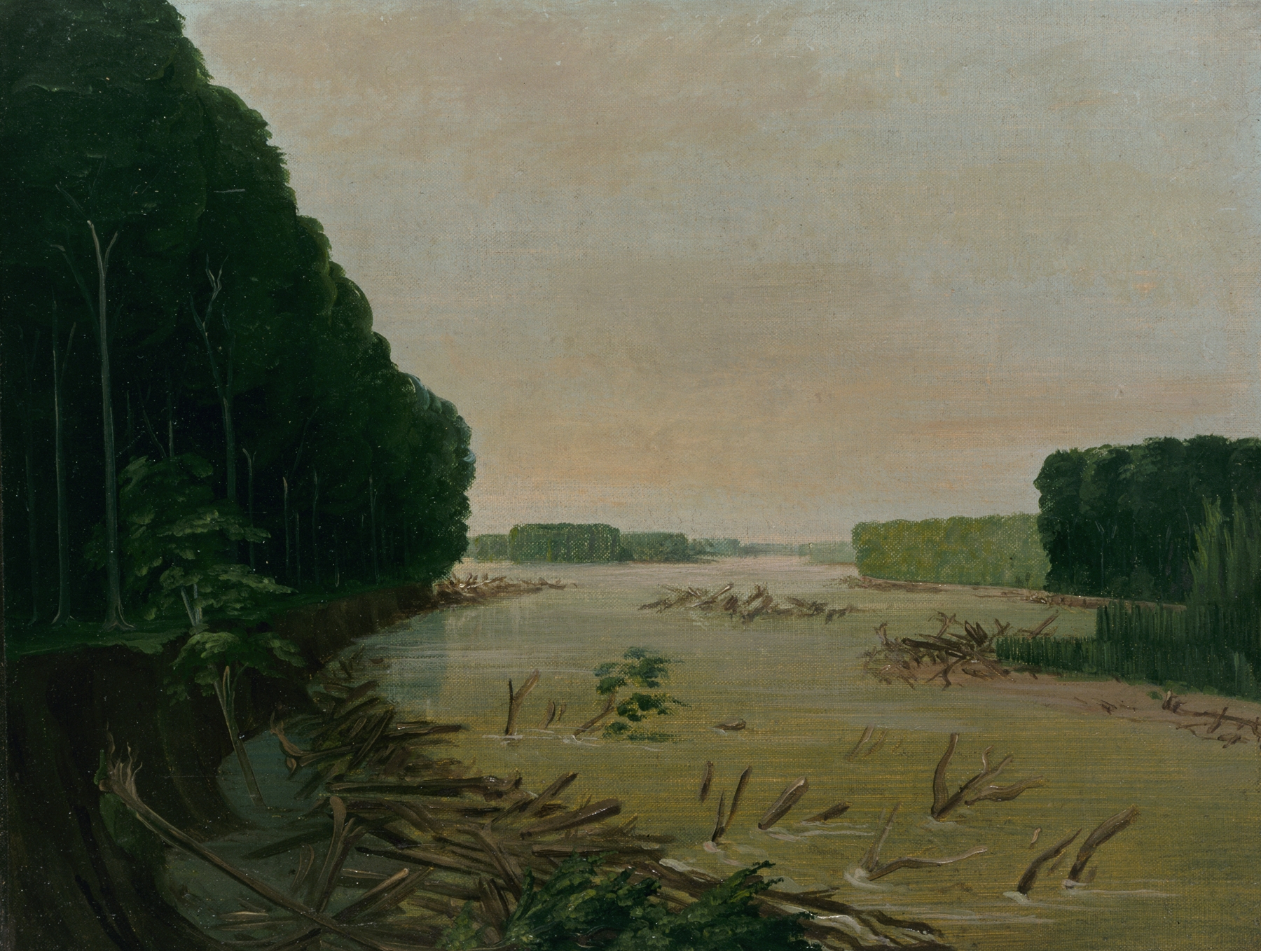 Oil painting of the Missouri River with alluvial banks by George Catlin