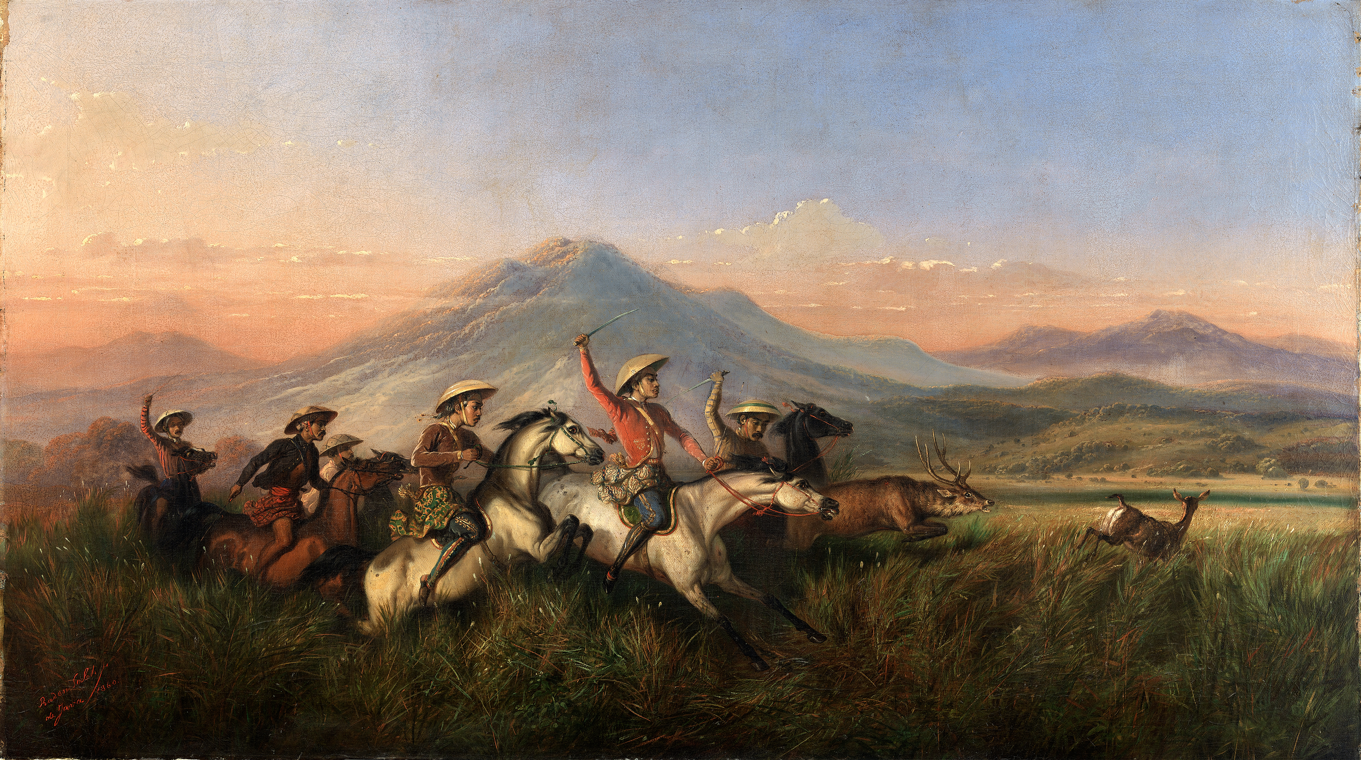 Six Horsemen Chasing Deer, oil on canvas by Raden Saleh