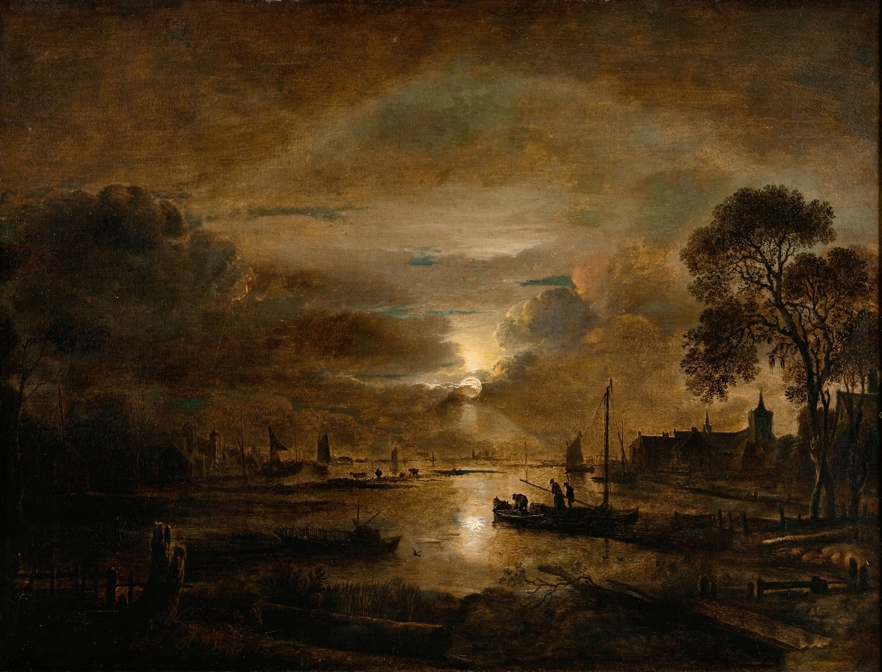 Moonlight at a Dutch River, by Aert van der Neer, public domain