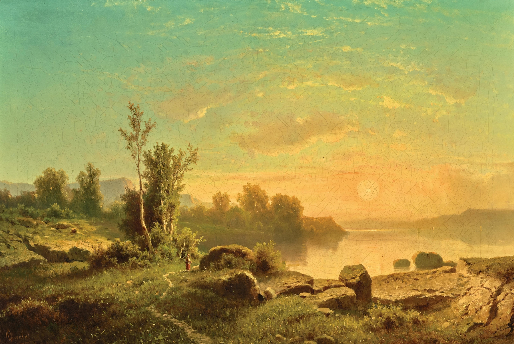 A River Landscape at Sunset by Adolf Chwala, oil painting depicting a serene river at sunset.