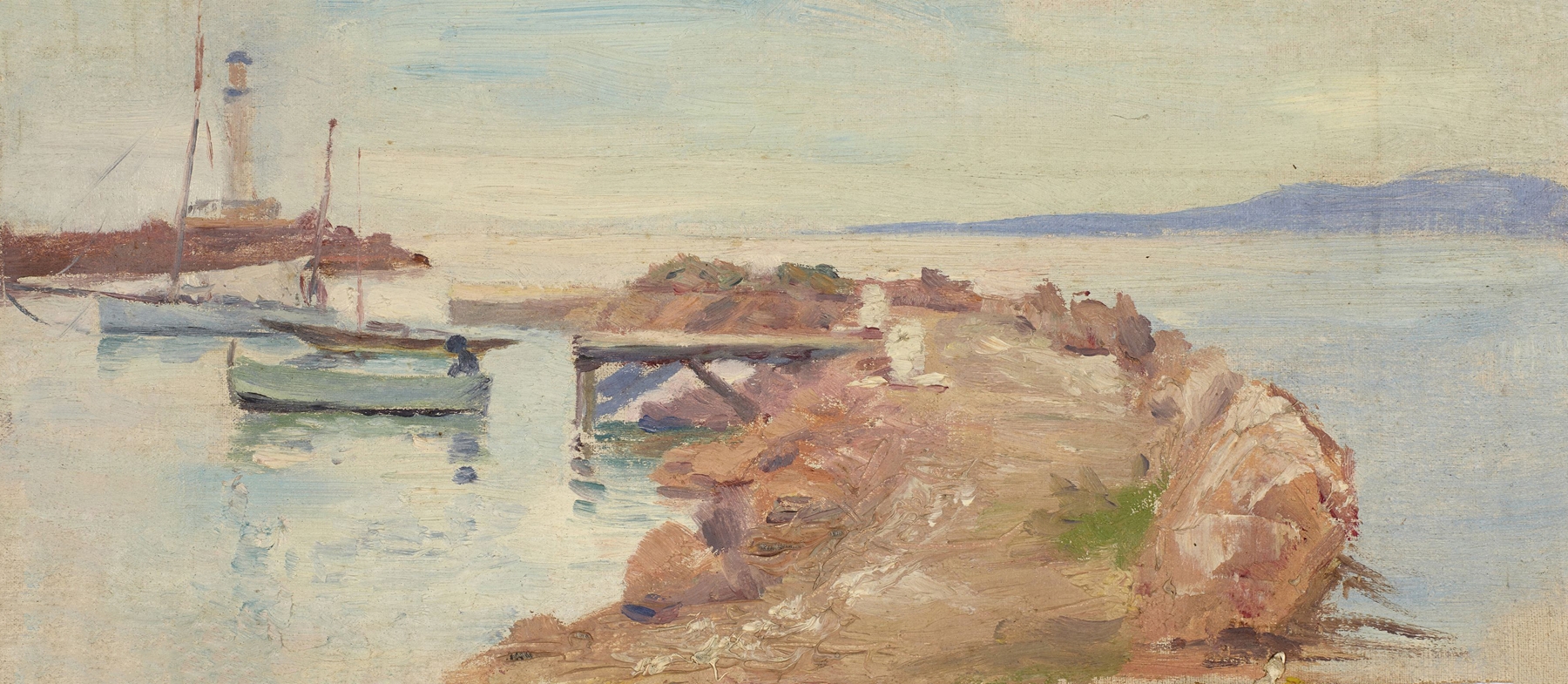 Marine scene with a vessel anchored near the shore by Jeanne Jegou-Cadart, oil painting