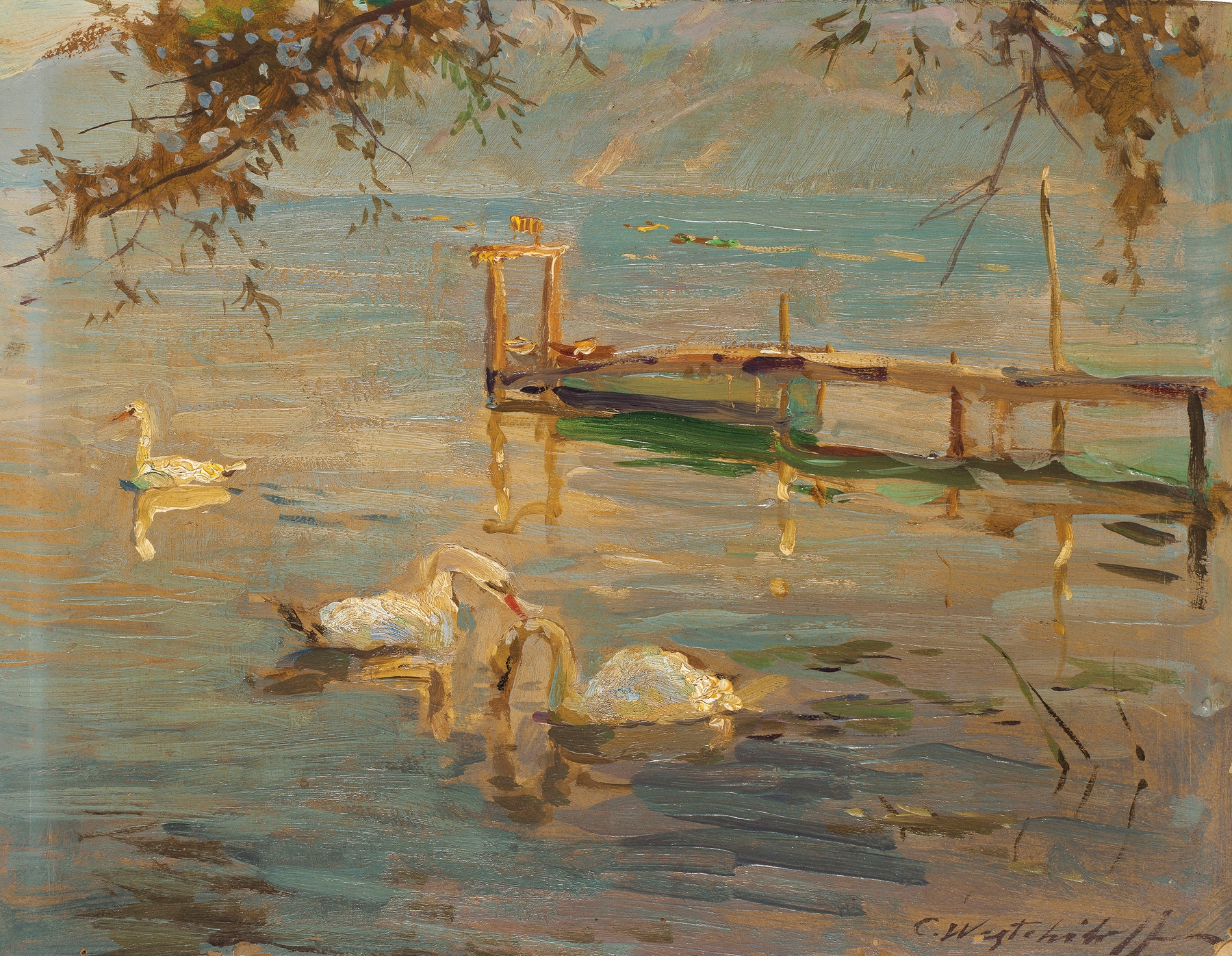 Landscape by Constantin Westchiloff, oil on canvas, featuring vibrant colors and a lush environment.