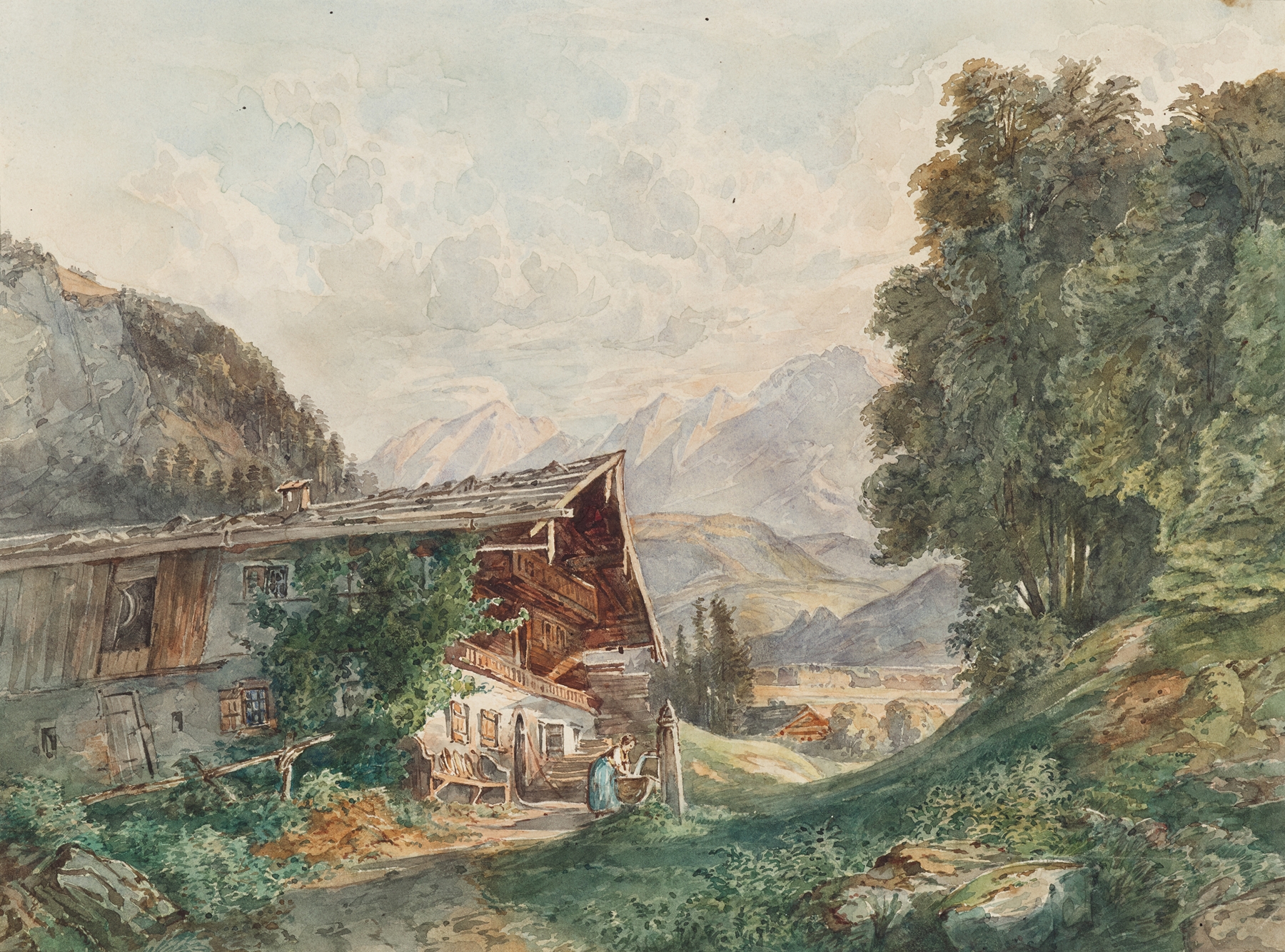 Alpenlandschaft mit Bauernhaus und Frau am Brunnen, oil painting by Franz Barbarini