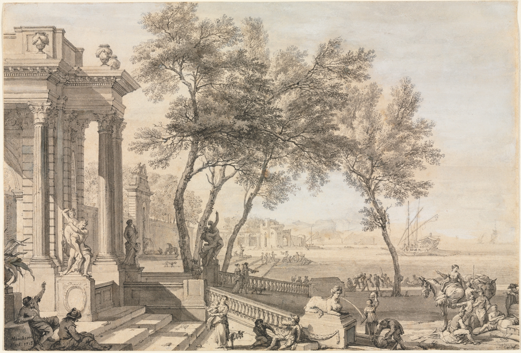 Harbor scene with architecture and figures, oil on canvas by Isaac de Moucheron