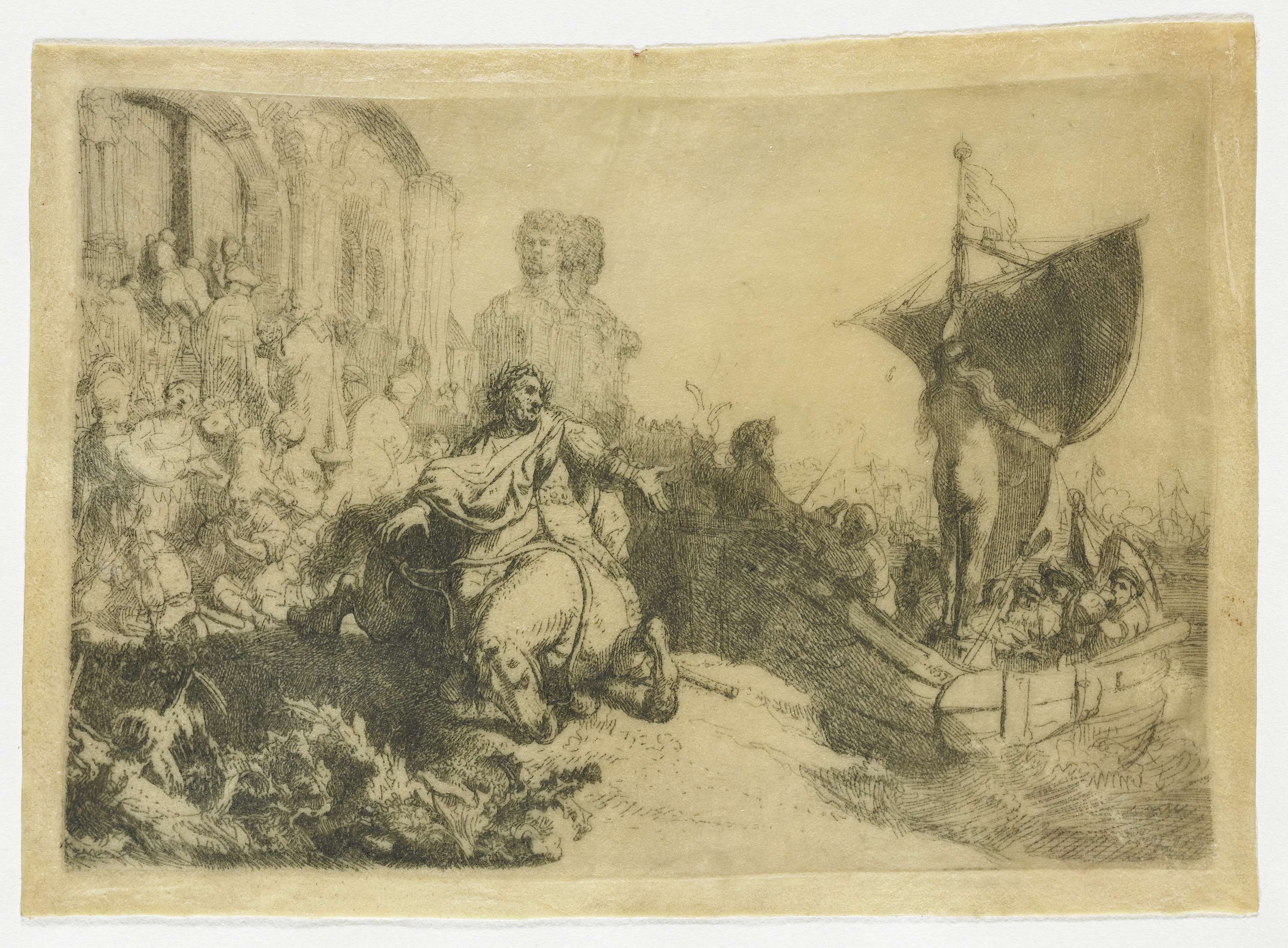 The Ship of Fortune, etching by Rembrandt van Rijn, depicting a ship navigating a stormy ocean.