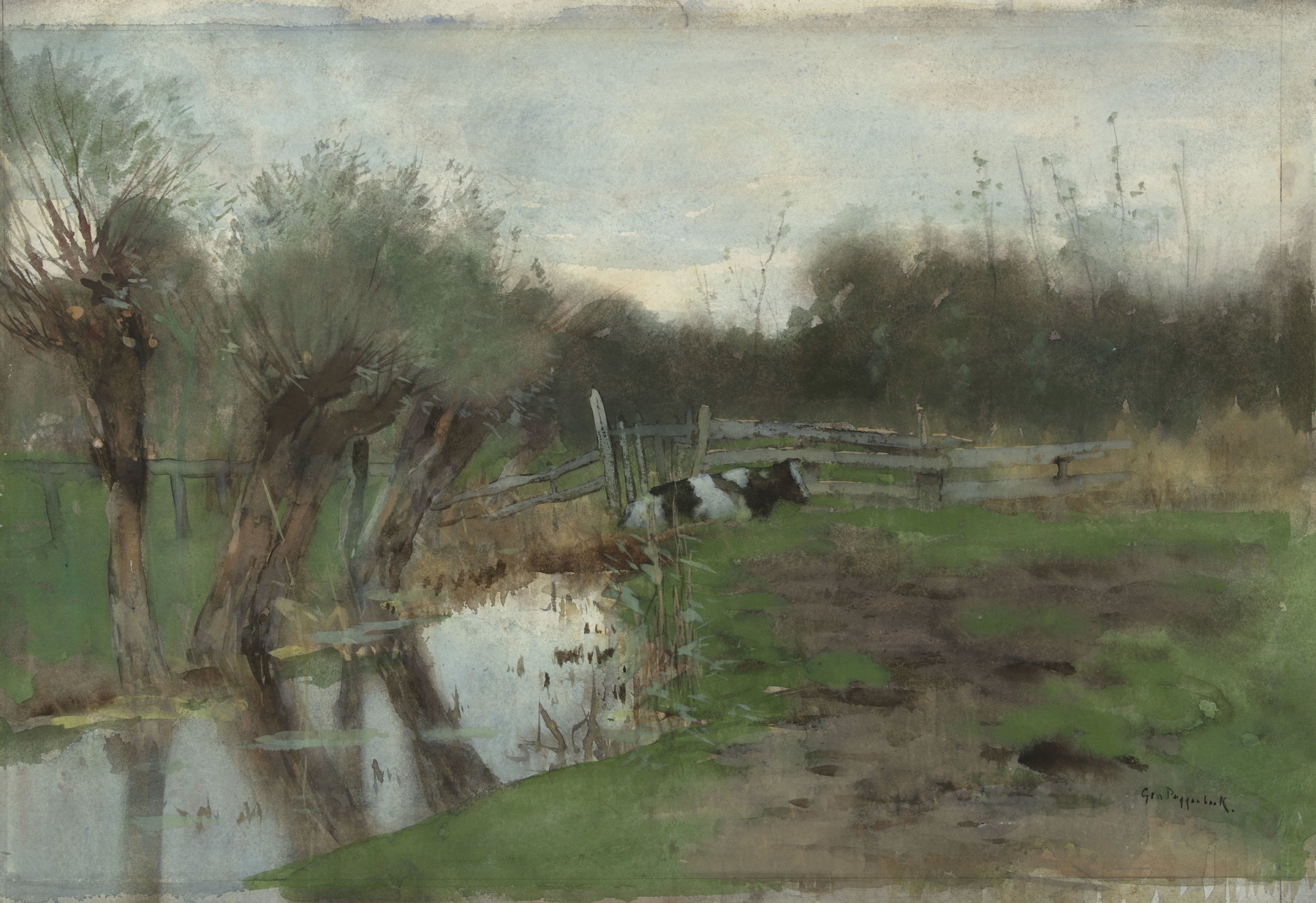Oil painting by Geo Poggenbeek depicting a cow resting by a tranquil ditch