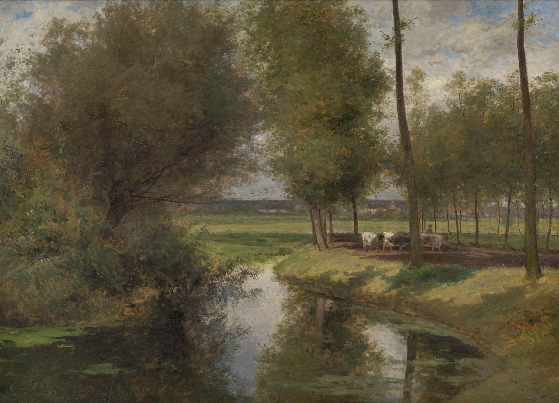 Landscape by César De Cock, oil on canvas, depicting a river and lush flora