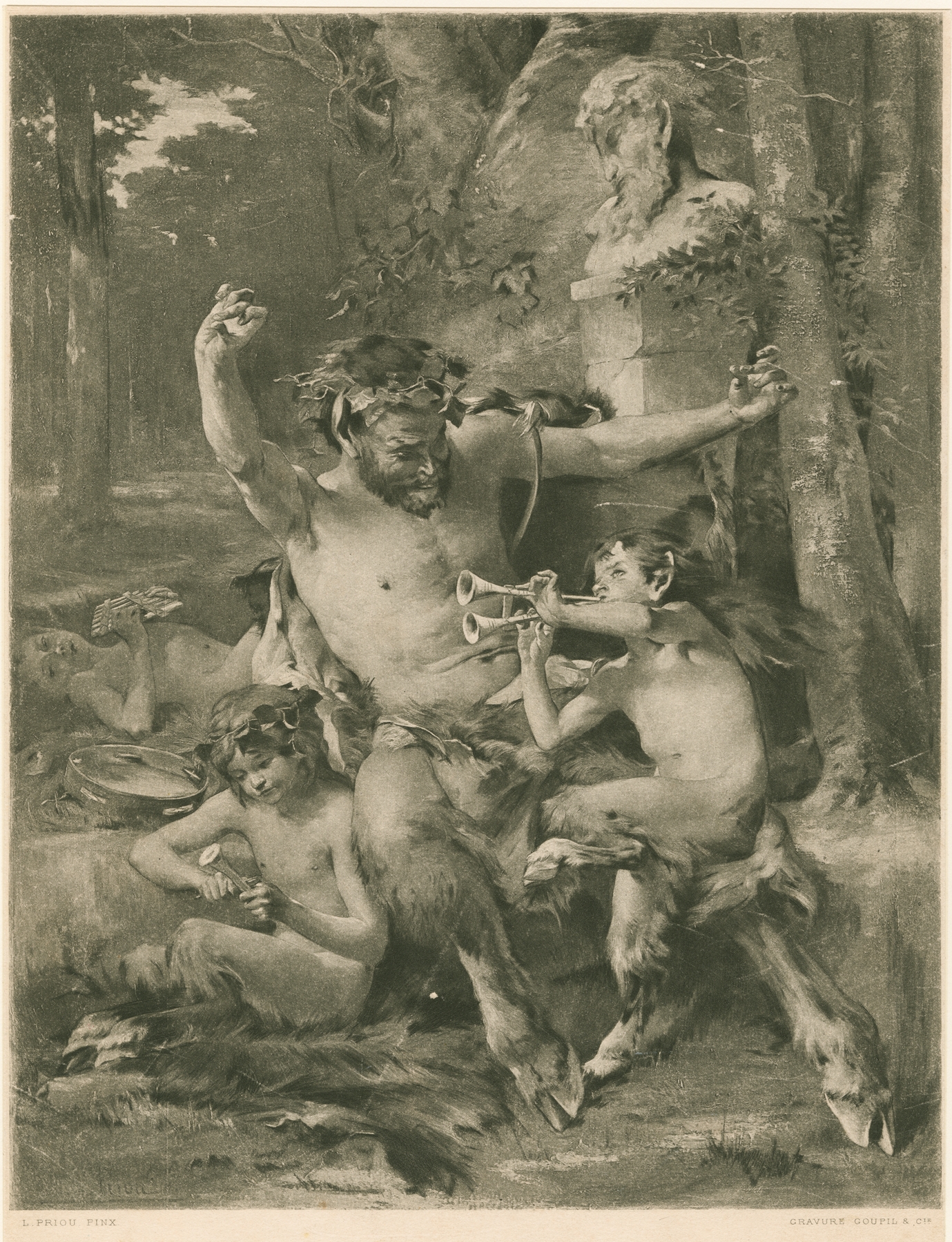 A family of satyrs in oil on canvas by Louis Priou, surrounded by lush foliage.