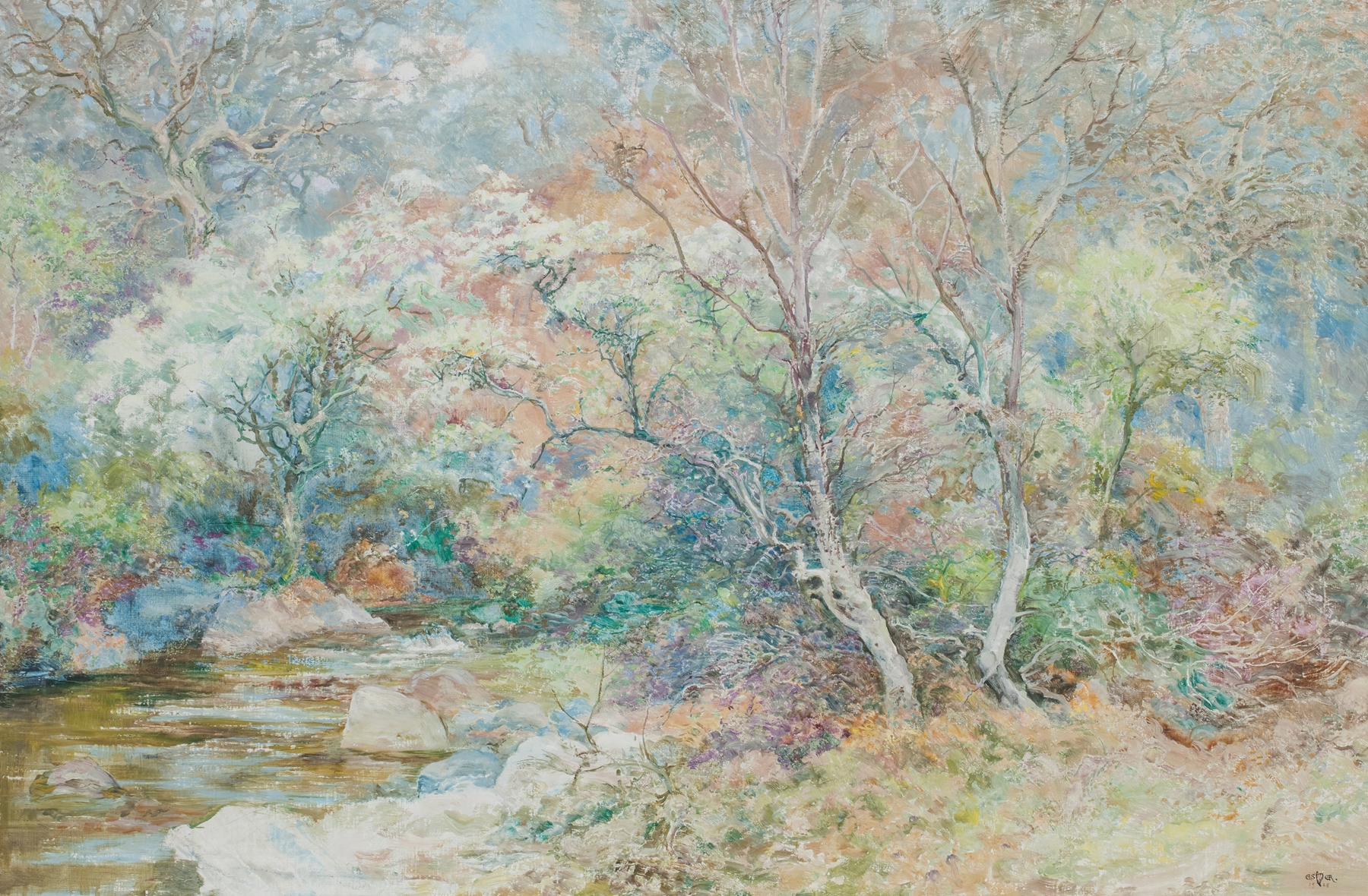 Landscape depicting a brook with reflections, by Edward Steel Harper Jnr.