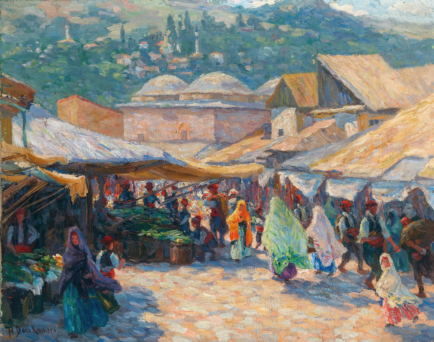 Genre scene depicting a market with figures, oil painting by Helene Dom-Komers