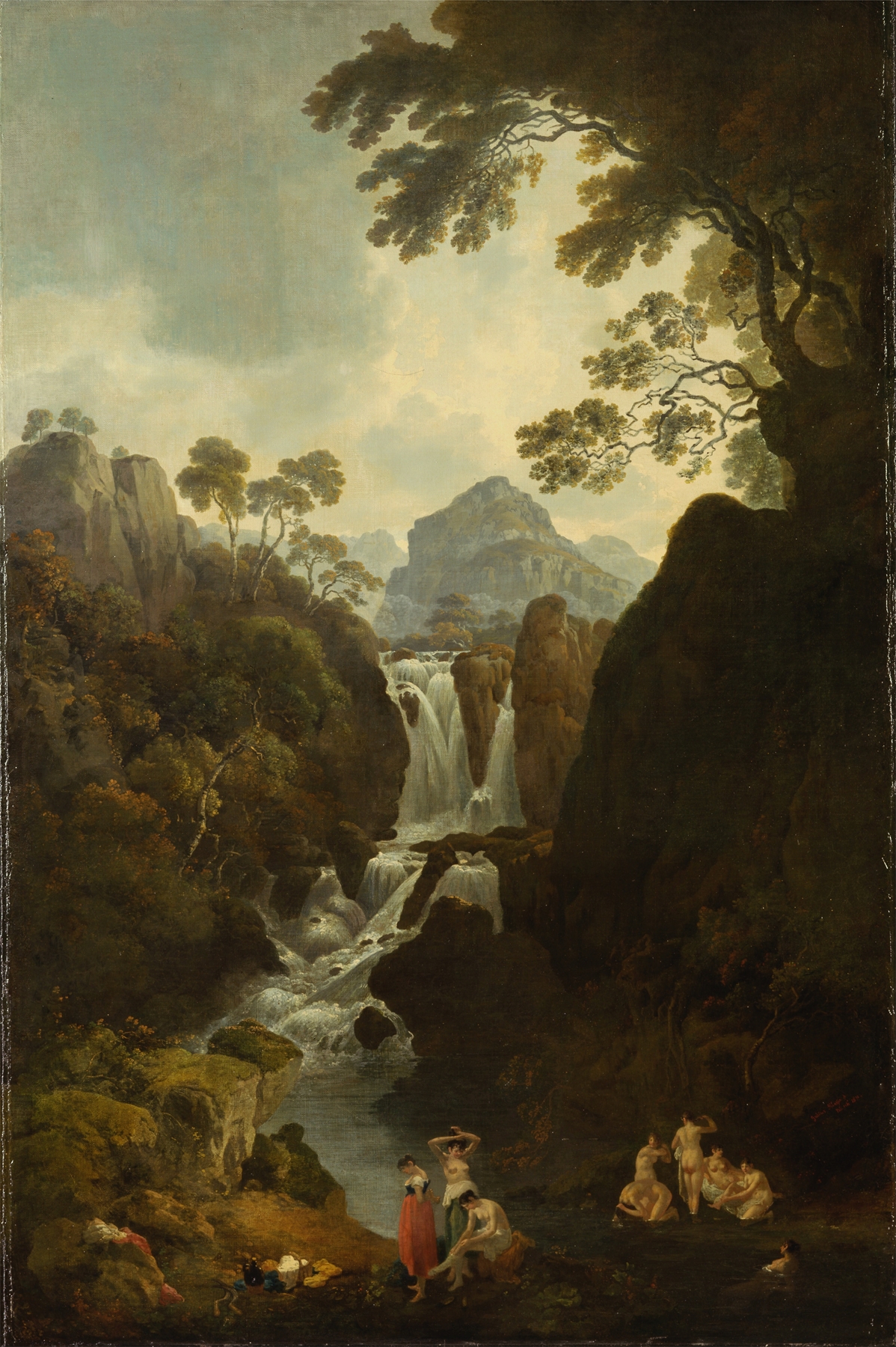 A Waterfall with Bathers, oil painting by Julius Caesar Ibbetson, depicting bathers near a lush waterfall.